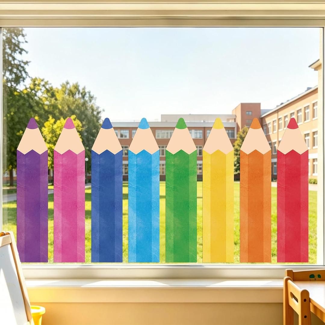 2 x 8 Sheets Back to School Window Clings Decorations Large Colorful Watercolor Pencil Window Clings Stickers Double-Sided First Day of School Classroom Decor for Classroom Home Wall Mirror Glass Decors
