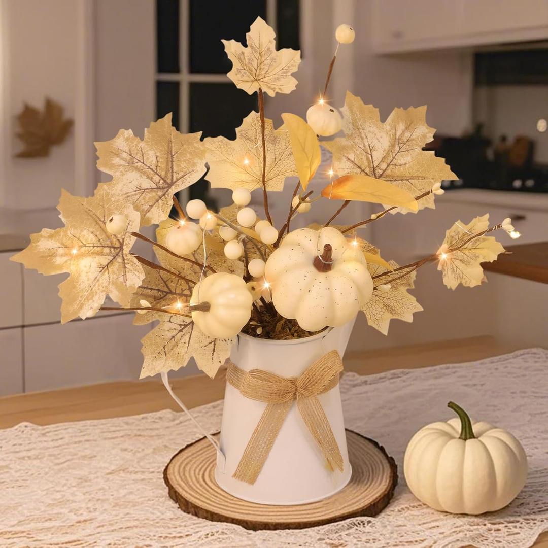 [Light & Timer] Fall Decor Table Centerpiece Potted White Maple Arrangement in Metal Pitcher Neutral Rustic Artificial White Pumpkin Berries Fall Decoration for Home Mantel Autumn Thanksgiving Wedding