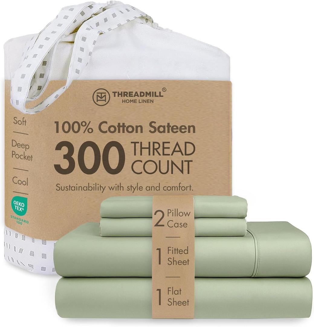 Threadmill Cotton Queen Sheet Set | 100% Cotton Sheets for Queen Size Bed | Solid Sateen Queen Bed Sheets Set with 16 Deep Pocket | Soft Breathable 4-Piece Cooling Bedding Sheet Set | Sage Green