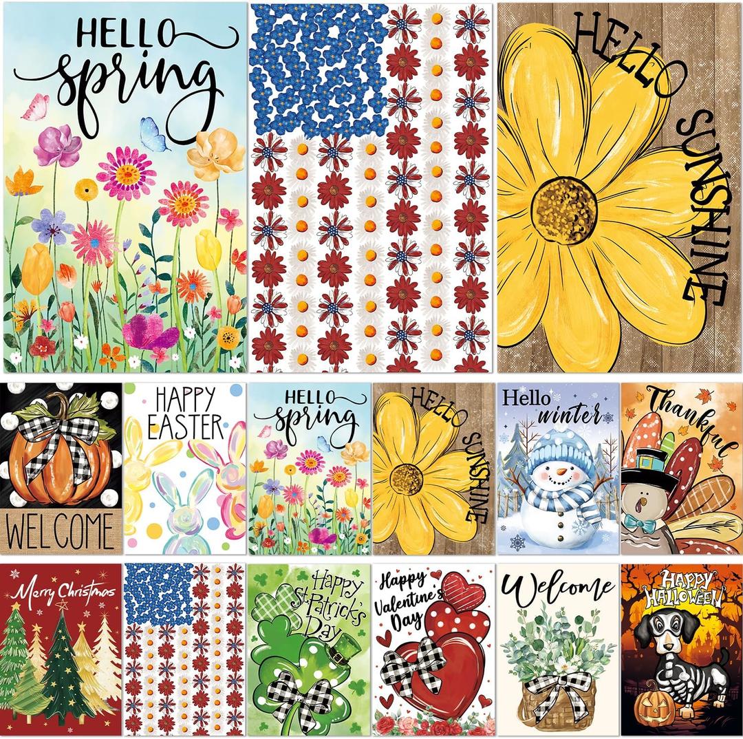 Seasonal Garden Flags Set of 12 Double Sided 12 x 18 Inch Yard Flags,Small Garden flags for outside,4th of July Summer Fall Garden Flag,Christmas Halloween Easter Outdoor Decor, Holiday Flags for All Seasons