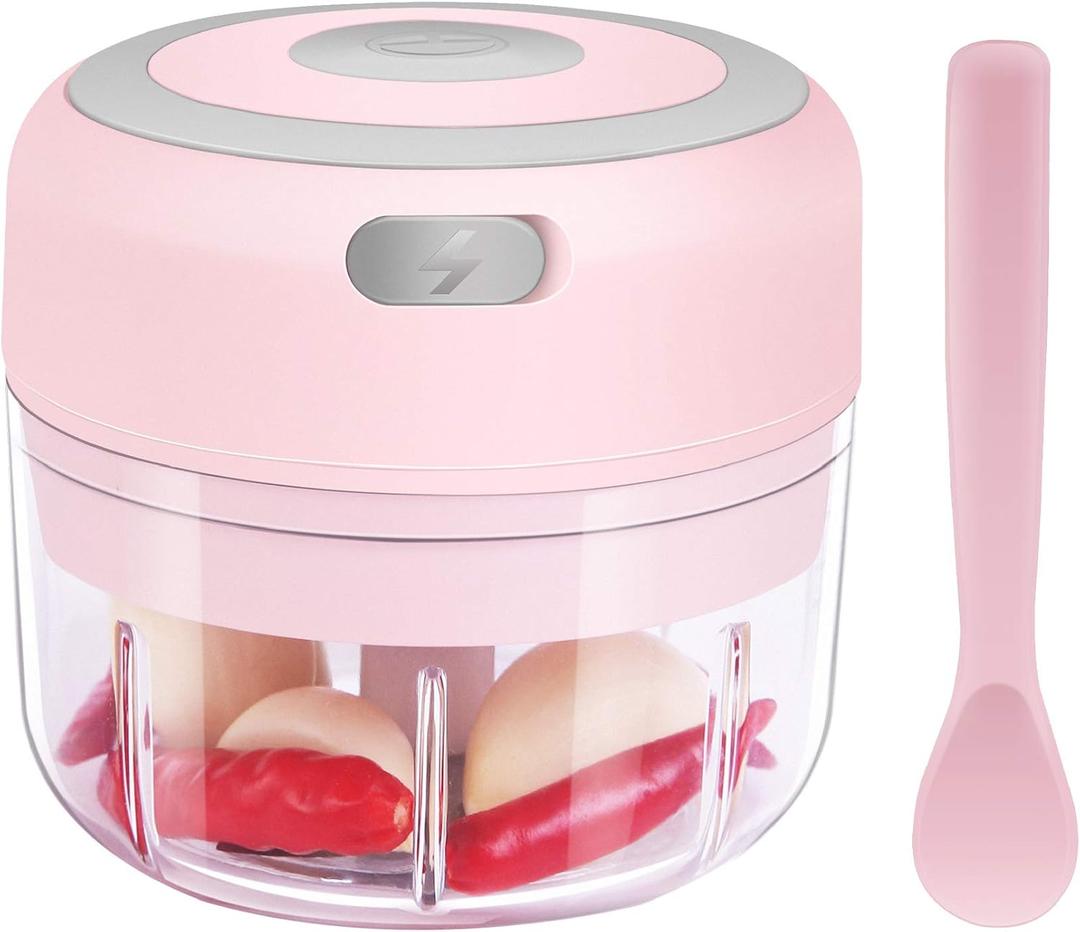 DAHOKO Electric Mini Garlic Chopper [Portable, Wireless, 100ml] Mini Electric Chopper with Spoon, Electric Food Chopper Tool, Mini Chopper for Mashing Onion, Garlic, Chili, Peppers, Nuts(Pink)