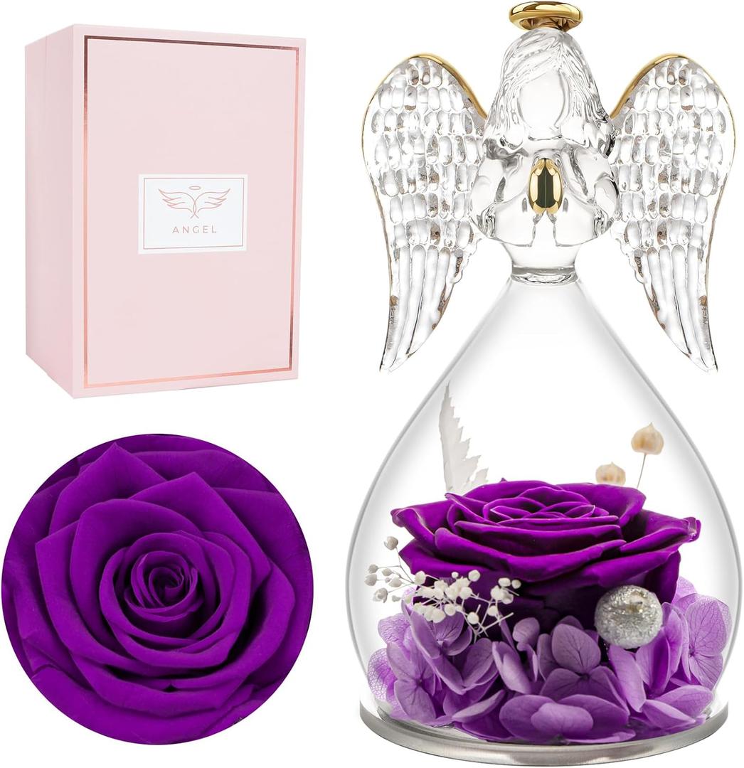 Miofula Preserved Flower Rose Birthday Gifts for Mom, Angel Figurines with Forever Real Rose Gifts for Her Mom Grandma, Angels Gifts for Mothers Day Christmas Anniversary Thanksgiving Birthday (Purple)