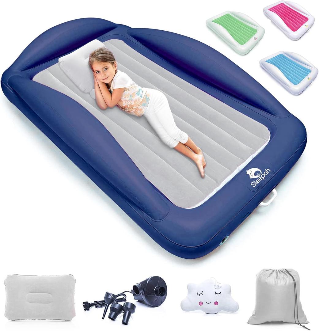 Sleepah Inflatable Toddler Travel Bed Portable Kids Air Mattress Set w Safety Rail Guards for Kids & Toddlers  Includes Pump, Carry Case, Pillow & More - Perfect Transitional Cot Coral (Grey)