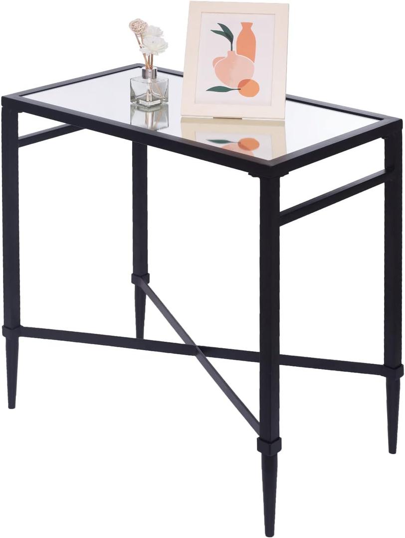 Black End Table, Rectangle Side Table with Mirrored Top, Modern Metal End Tables, Small Narrow Side Tables for Living Room, Balcony, 22" L x 12.4" W x 24" D, Rectangular