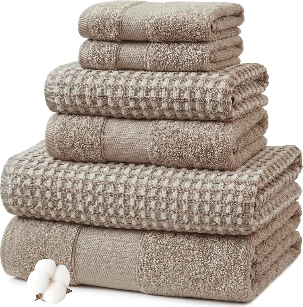 Modern Threads 6 Piece Cotton Bath Towel Set Ultra Soft 600 GSM Towels Bathroom Set with Hand Towels and Washcloths Waffle (Classic Taupe), Standard