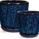 Oairse Ceramic Pots for Plants, 8+6 inch Plant Pots with Drainages Holes & Saucers Large Blue Ceramic Planters Decorative Flower Pot for Indoor Plants Outdoor Inoor
