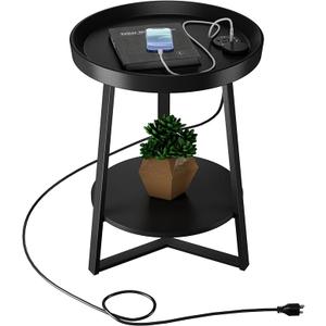 Gadroad Round End Table with Charging Station, USB Ports, Wood Tabletop & Black Metal Frame, 2-Tier Side Table for Living Room, Bedroom, Black 15.7 * 15.7 * 23.0inches