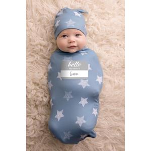 Itzy Ritzy Cocoon & Hat Swaddle Set - Swaddle for Newborns Includes Name Announcement Card & Jersey Knit Cocoon & Hat Set, Perfect for Newborn Photography - for 0 to 3 Months (Blue Stars) (Pack of 1 Set)