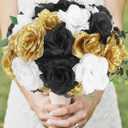 108pcs Roses Head Flowers with Stem - Black Gold White Graduation Artificial Flowers Rose Bulk - Silk Rose Fake Flower for Birthday Wedding Baby Shower Centerpieces Gold Theme Grad Party Tables Decor