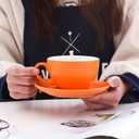 Coffeezone Americano Cup and Saucer Latte Art & Cappuccino for Barista (Matte Orange, 8.5 oz)