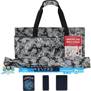 American Mahjong Game Set, 166 Black Tiles (1.2), 4 All-in-One Color Rack/Pushers & Drawstring Bag, Complete Mahjong Set with Black Carrying Bag and Mahjong Tiles Set Accessories