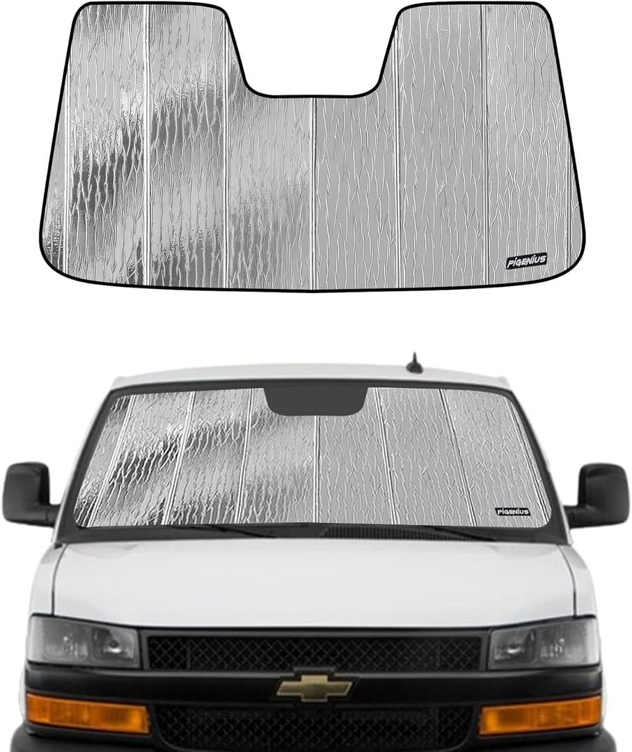 Windshield Sun Shade for Chevy Express/GMC Savana 1996-2024,Front Window Sunshade Shield,2-in-1 Reflective Sun Shade,Silver for Summer, Black for Winter