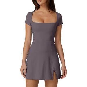 QINSEN Womens Square Neck Tennis Dress Short Sleeve Built in Shorts Golf Athletic Dress with Pockets (Large, Tea Leaf)
