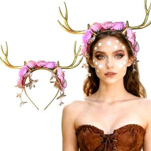 JeVenis Handmade Gold Antler Headband, Handmade Floral Deer Branch Crown Headpiece, Woodland Fairy Hair Accessories for Renaissance Christmas Halloween Costume
