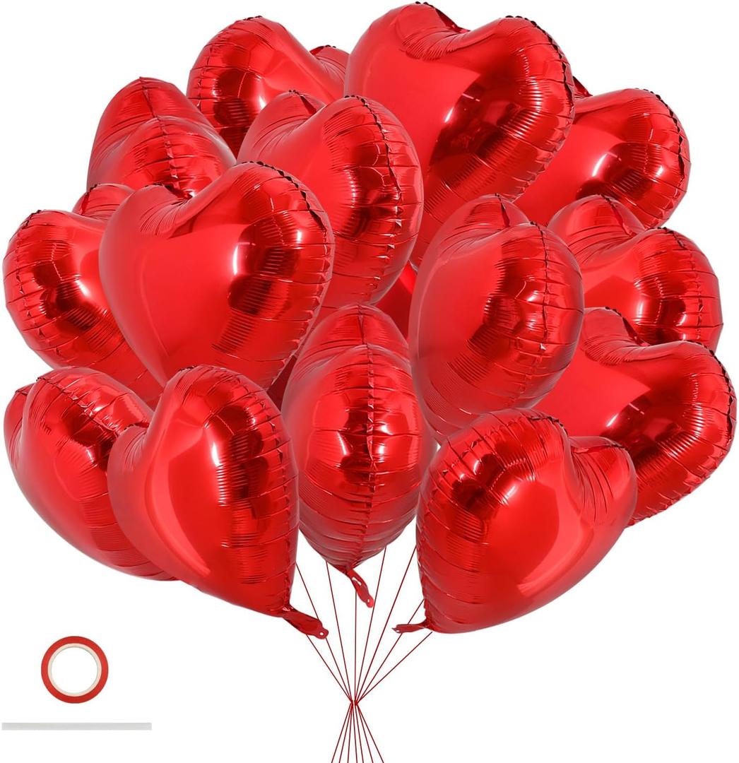 TONIFUL 30Pcs 18 Inch Red Heart Balloons Valentines Day Heart Shape Foil Mylar Balloons Decoration for Romantic Valentine's Day Wedding Bridal Shower Anniversary Engagement Party Supplies