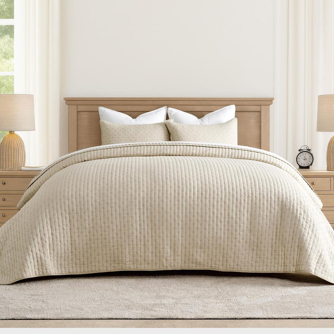 EverGrace 100% Cotton Cross Stitch 3-Piece Quilt Set, 118"x106", Flax Beige