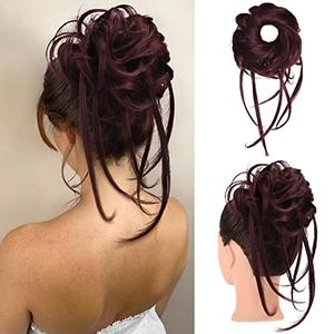 HOOJIH Messy Bun Hair Piece, Super Long Tousled Updo Bun Extensions Wavy Wrap Ponytail Hairpieces Scrunchies with Elastic Hair Band for Women HB007 Grace - WineRed