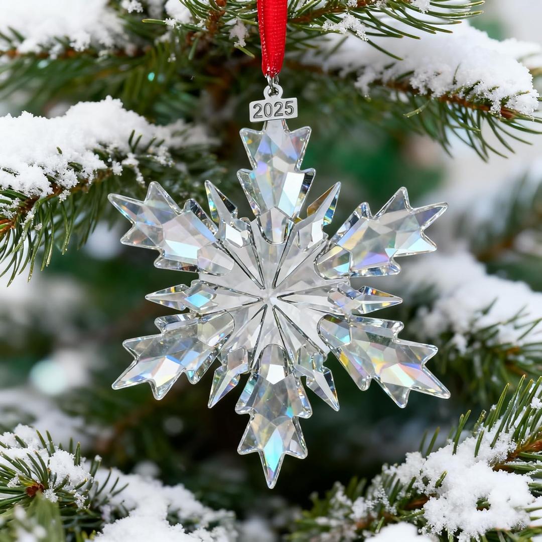 Hanging Snowfake Decorations Glass Crystal Snowflakes Ornaments Window Snowflake Hanging Ornament Christmas Tree Indoor Outdoor - with 2025 Tag, Gift Boxed Holiday Decor - 2025 Edition