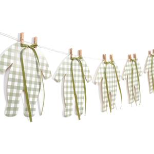 Green Gingham Baby Onesie Garland – 8 PCS Big Size Neutral Baby Shower Banner, Baby Clothesline Garland, Green Plaid Baby Bodysuit Cutouts for Gender Neutral Baby Shower or Nursery Decor