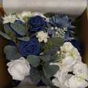 Dusty Blue Roses Silk Artificial Flowers Combo for DIY Bouquet Centerpieces Floral Arrangements, Navy Blue White Faux Flower with Stem Multi Use Wedding Party Home Decorations