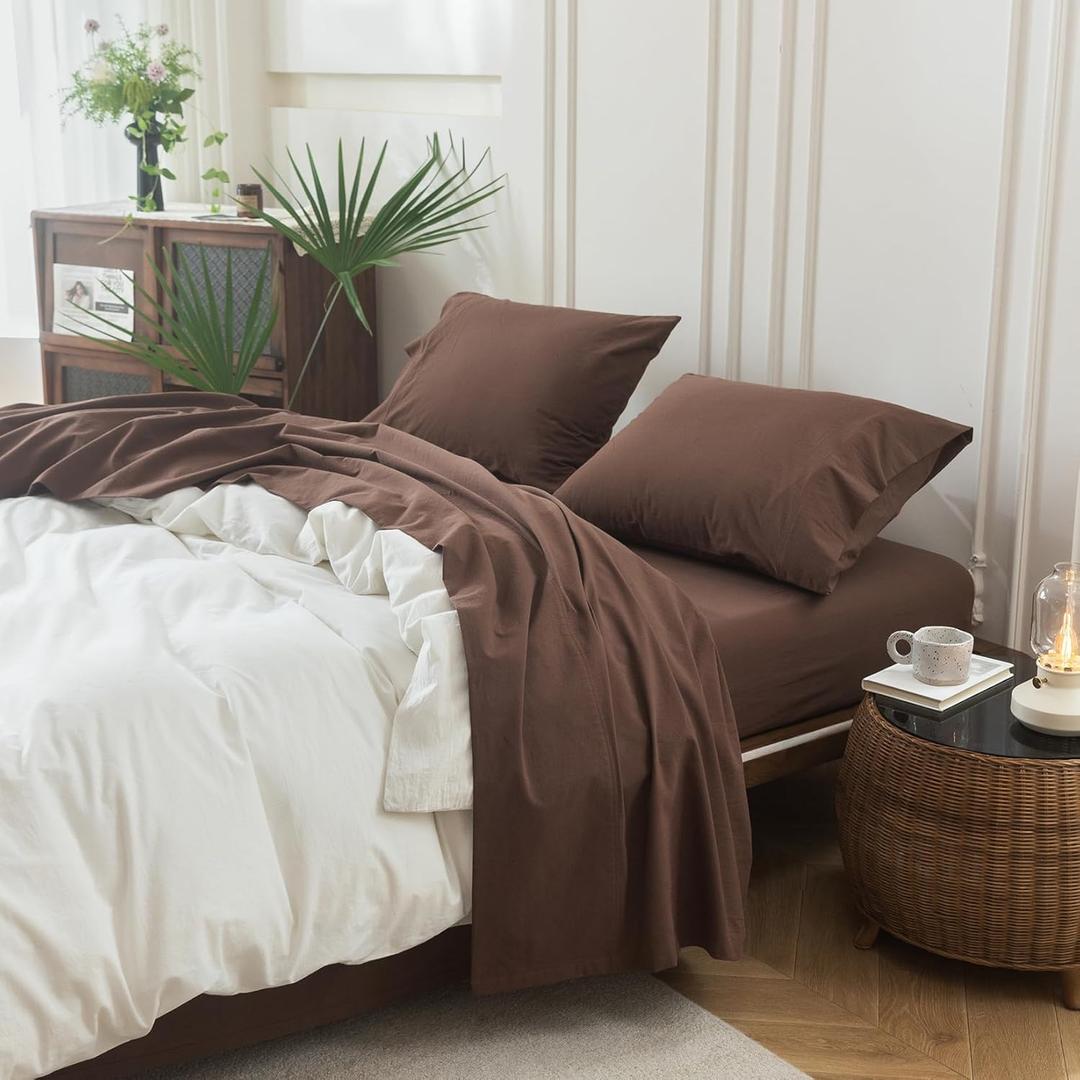 4PS Light Chocolate Brown Queen Size Bedding Set, Oeko-TEX Standard 100% Washed Cotton Linen Like Bedding Sheet Sets Cover Deep Pocket Fitted Sheet Plus Cozy Flat Sheet and 2 Pillowcases