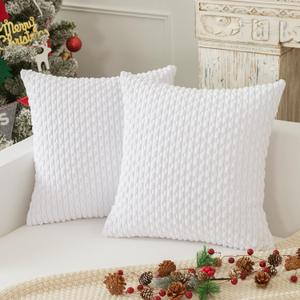 Kevin Textile Decorative Pillow Covers Soft Striped Velvet Throw Pillow Covers Set of 2 Cushion Cover for Chair 18 x 18 Inch Pure White