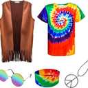 Hippie Costume for Men 60s 70s Fringe Vest Colorful T-shirt Set Carnival Party Tassel Vest Hippy Halloween Costume, Large