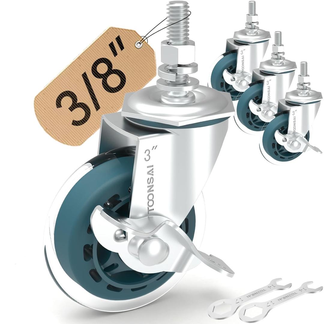 Caster Wheels 3 Inch, Set of 4, Threaded Stem (3/8"-16 UNC1.5"), 660LB Heavy Duty Bolt Castors for Metal Wire Shelves, Rack, Shelf, Shelving, for Saferacks High-Elasticity Rubber Wheels