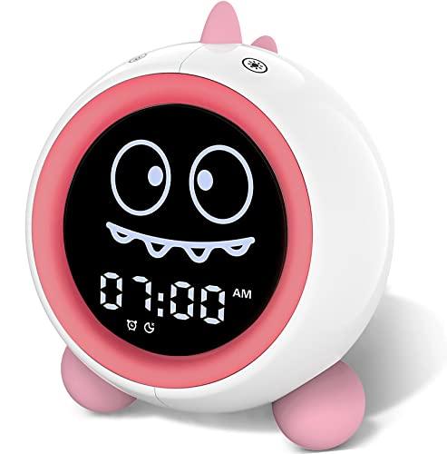 H-chin Kids Alarm Clock, Toddler Sleep Training Clock with Night Lights, Sound Machine, Time to Wake Dinosaur Alarm Clock for Children, Gift Ideas for Kids Toddler Boy Girl (Pink)
