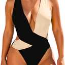 ShawGobow Sexy One Piece Swimsuit, Plunge Backless Color Block Swimsuits for Women, High Cut Scrunch Butt Monokini Beach Pool (Large, Black)