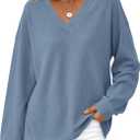 MASCOMODA Womens Tops Casual V Neck Waffle Knit Long Sleeve Shirts Trendy Loose Tunic Pullover Work Blouses Fall Outfits (Blue, L)