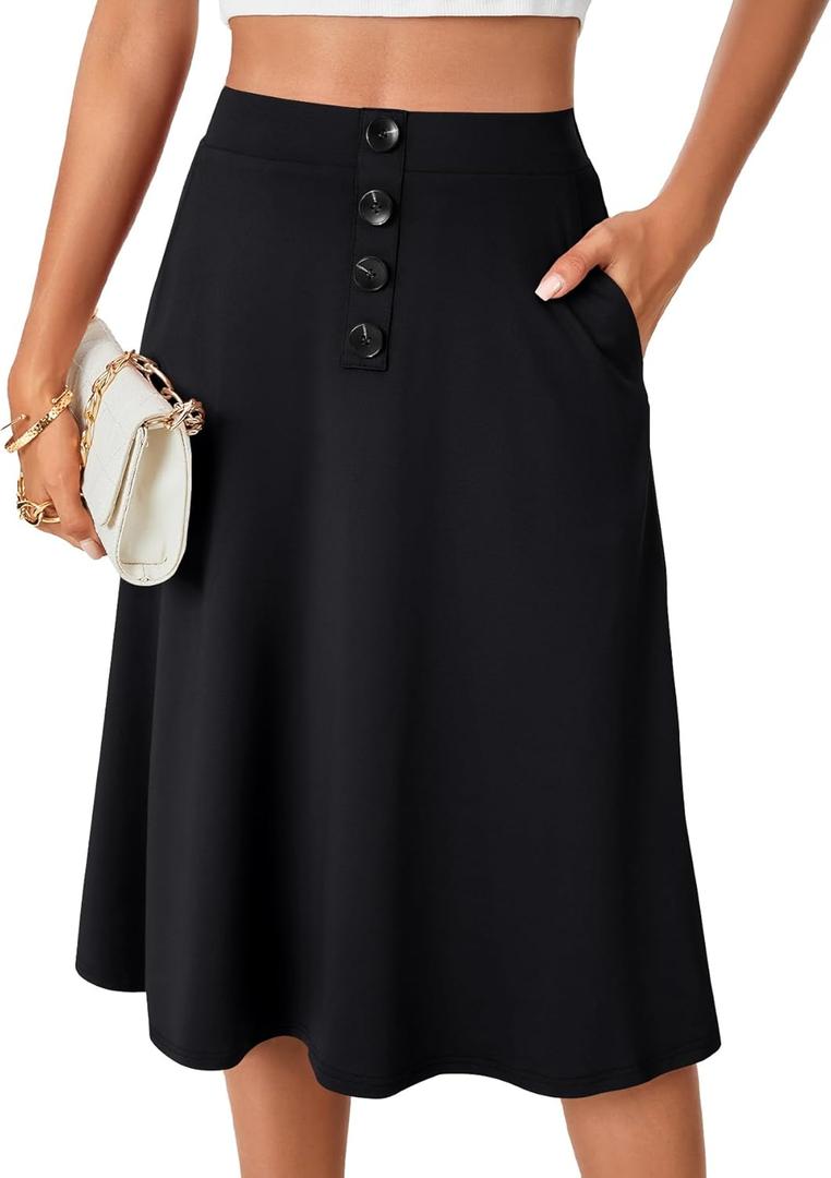 LYANER Women's High Waist A Line Button Front Flared Midi Skirts with Pocket Black Medium (M)