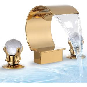 YAGATAP Gold Bathroom Sink Faucet 3 Hole 2 Handle Crystal Knobs High Arc Waterfall Spout Vanity Basin Mixer Tap 8-inchUpwards Widespread Bathtub Filler Faucet