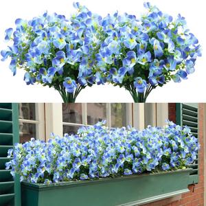 4 Bundles Artificial Daffodils Flowers, Fake Artificial Greenery UV Resistant No Fade Faux Plastic Plants for Wedding Bridle Bouquet Outdoor Home Garden Kitchen Office Table Vase(Blue)