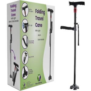 Smart Walking Cane with LED Light - Foldable, Adjustable Cane with Flashlight & Alarm for Seniors, Men & Women - Self Standing Tripod Cane - Collapsible Travel Support Stick