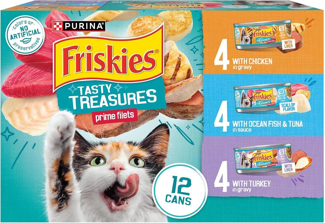 Purina Friskies Wet Cat Food Variety Pack, Tasty Treasures Prime Filets (With Ocean Fish and Tuna, With Chicken and With Turkey) - (Pack of 12) 5.5 oz. Cans Best Before Jan. 2025