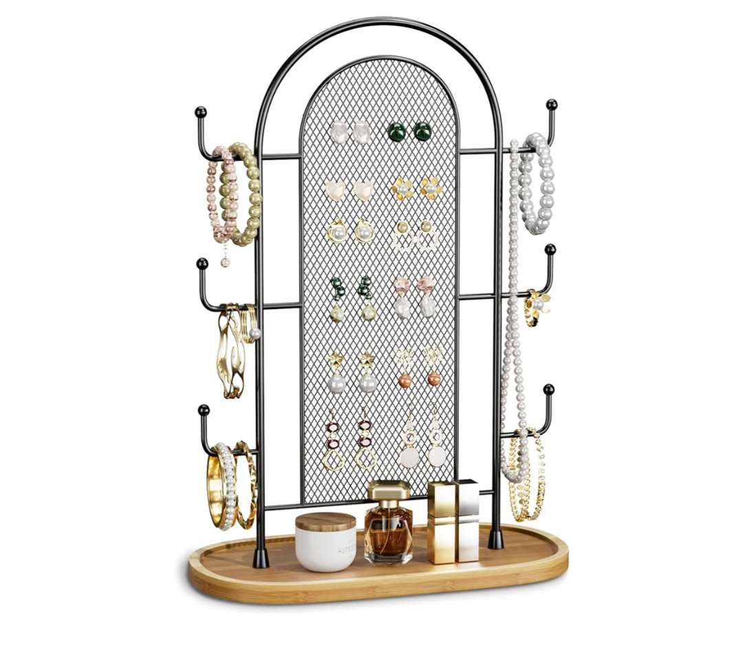 Bussdis Jewelry Holder Organizer Earring Display - Stands Earring Storage Earring tree Hanger Jewelry Towers Rack with 6 Hooks 300 Stud Holes Wood Tray for Necklaces Bracelets Rings