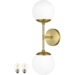 KoKo&Yukina Mid Century Modern Bathroom Lights Gold Vanity Light Fixtures Globe Sconce 2-Light Bathroom Gold Vanity Light Mid Century Glass Globe Wall Lights (1 Pack)