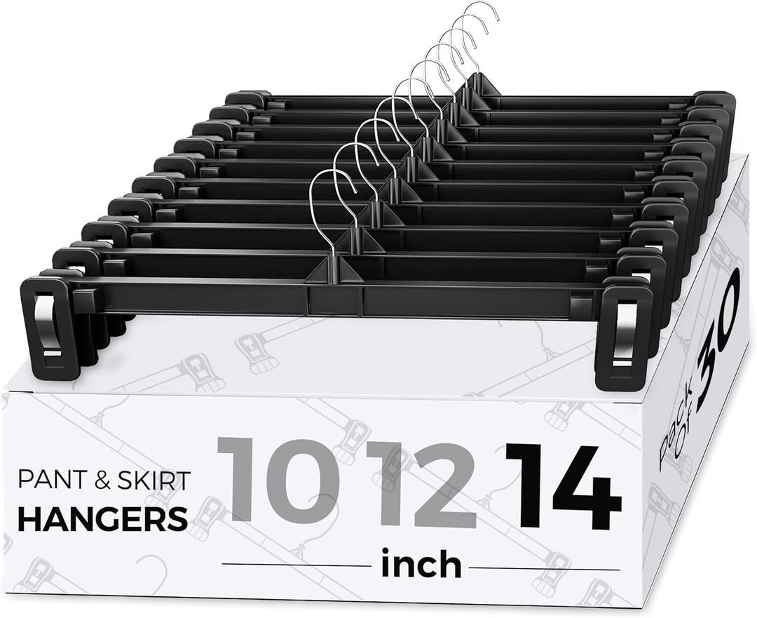 Smartor Plastic Pants Hangers - 30 Pack, Black Pant Hanger, Shorts Hangers with Non-Slip Clips, Dress, Heavy Duty Hanger for Trouser, Slack, Skirt, Demin Jean, Dress - 14 Inch