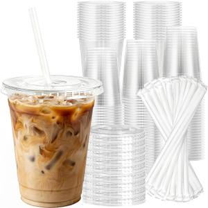 Charmount 100 Sets 16 oz Plastic Cups with Lids and Straws, Clear Disposable Cups for Dirty Soda, Iced Coffee & Smoothies, Plastic Bar Supplies for Cold Drinks