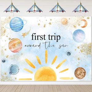 Avezano First Trip Backdrop Outer Space Watercolor Planets 1st Birthday Party Decorations First Trip Around The Sun Birthday Party Photoshoot Background Banner for Boys (7x5ft)