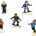MOMENTS IN TIME Christmas Village Set of 5 Skiing Snowboarding Figures Hand Painted Polyresin Holiday Skiers Snowboarders for Miniature Winter Scene