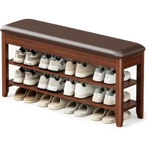 LBT Solid Wood Entryway Shoe Bench with Storage, Adjustable 2-Tier Shoe Rack, Flip-Top Hidden Compartment, Padded Leather Seat, Heavy-Duty 550 lb Capacity for Entryway, Mudroom, Closet 31.5 inch