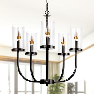 5-Light Black Chandelier, Large Modern Chandelier, Farmhouse Dining Room Light Fixture, Hang Lighting Fixture Industrial Modern Chandelier For Bedroom, Dining Room, Kitchen, Hallway, Foyer, & Entryway