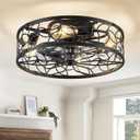 LEDIARY Caged Ceiling Fans with Lights, Black Flush Mount Ceiling Fan with Remote&App, Small Low Profile Bladeless Ceiling Fan Light Fixture for Bedroom, Kitchen, Dining Room., Medium