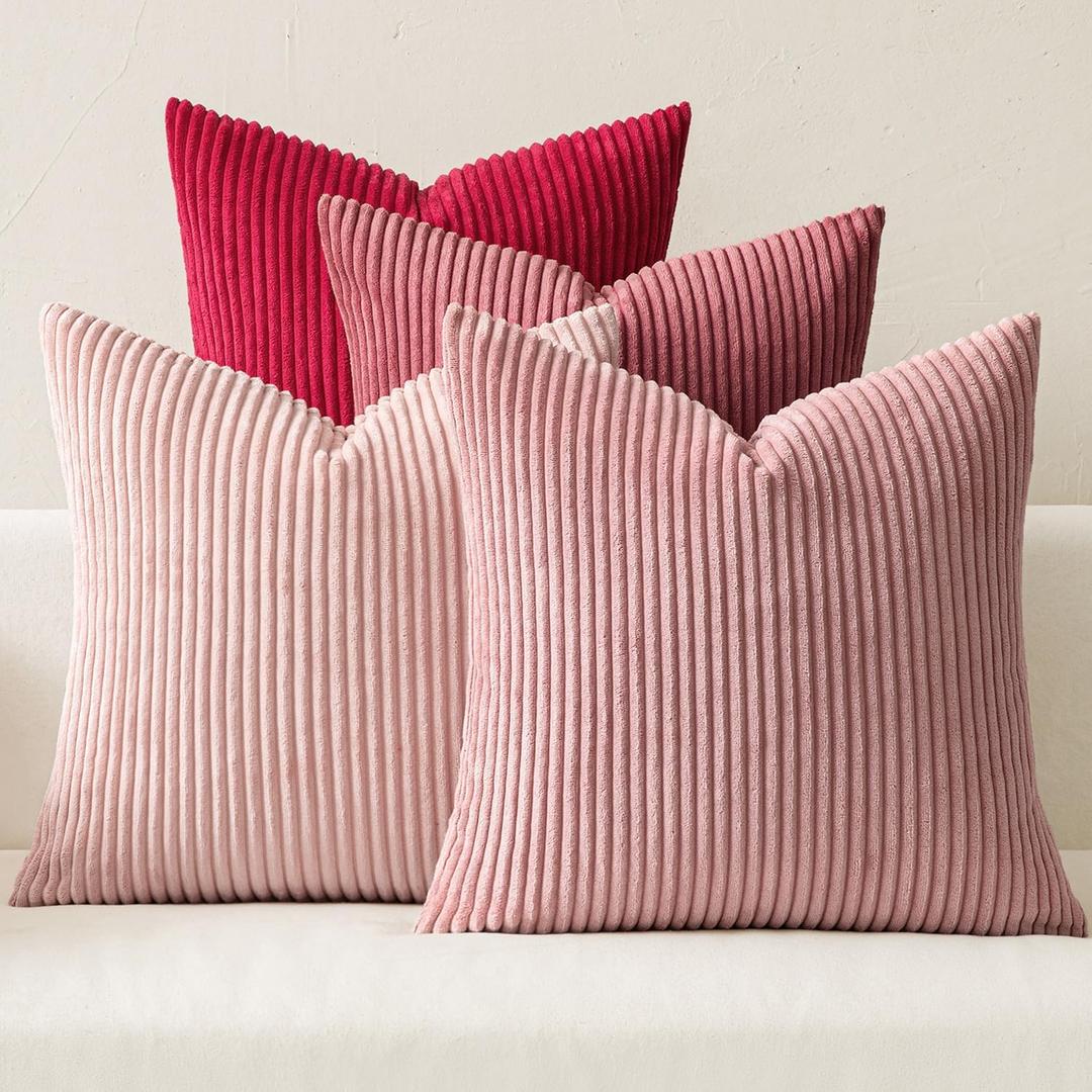 MIULEE Boho Farmhouse Throw Pillow Covers 18x18 Inch Set of 4 Romantic Decorative Cushion Covers Spring Corduroy Home Decor for Feminine Valentines Couch Bed Sofa Living Room Aesthetic Pink