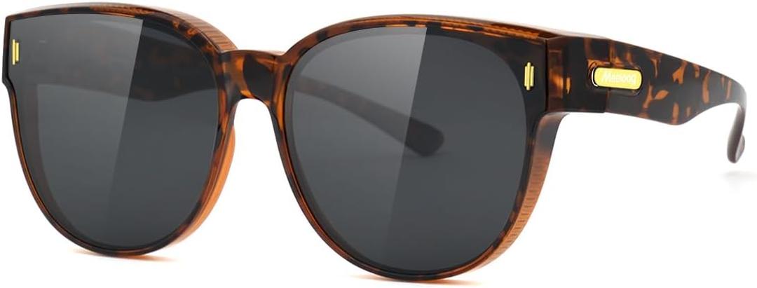 Meeloog Over Glasses Sunglasses for Women Polarized Stylish Large Shades Cover Glass Women Cateye Round UV400 for Driving (Tortoise Frame Black Lens)