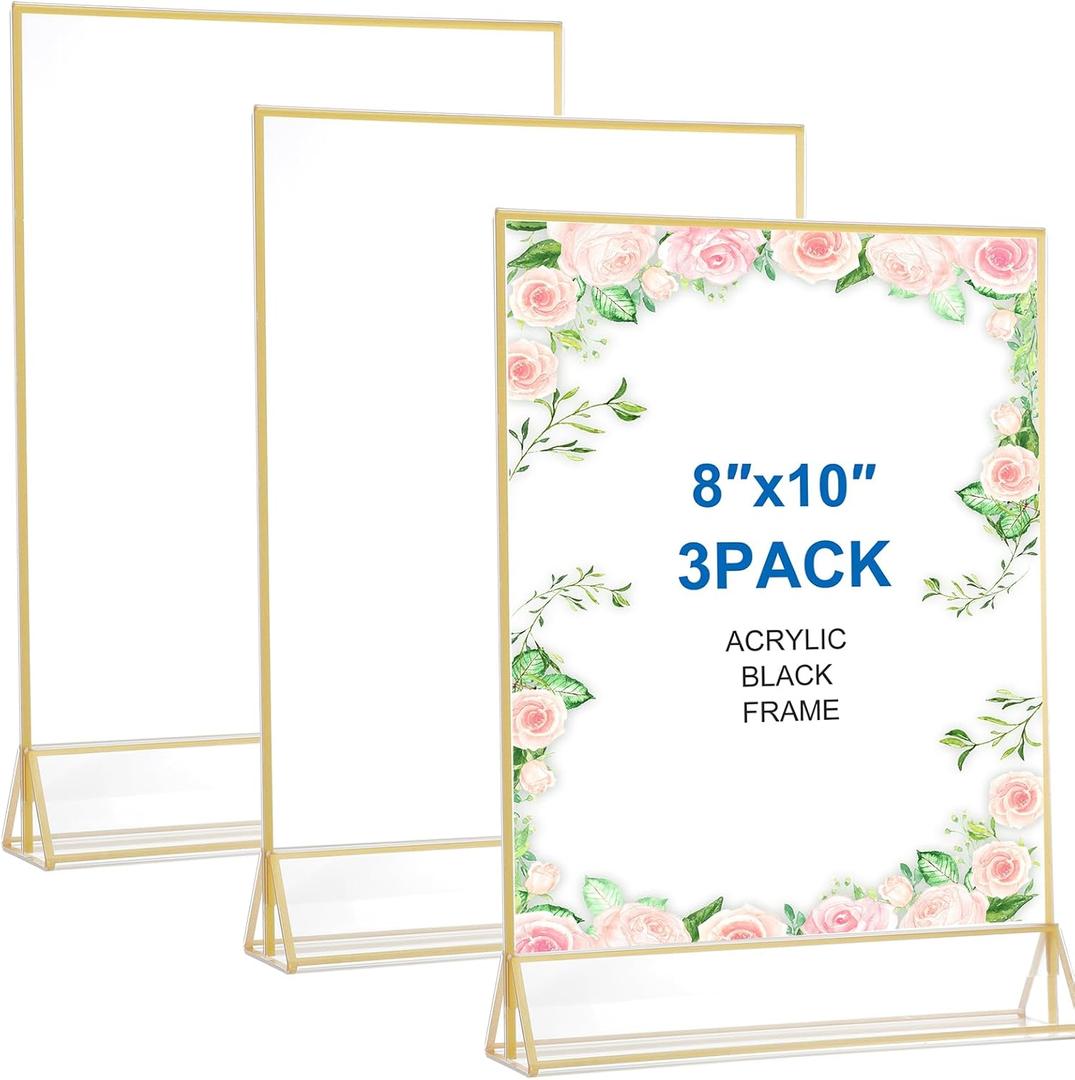 3 Pack Gold Acrylic Sign Holder 8X10 Double Sided Picture Frame Gold Borders Clear Display Stands for Table Numbers, Menus, Photos, Weddings, Parties, Restaurants