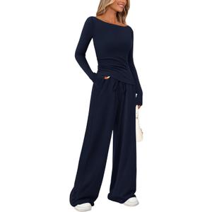 PRETTYGARDEN Women's 2 Piece Lounge Sets Asymmetrical Long Sleeve T Shirt Wide Leg Pants Casual Outfits Tracksuit (Medium, Navy)