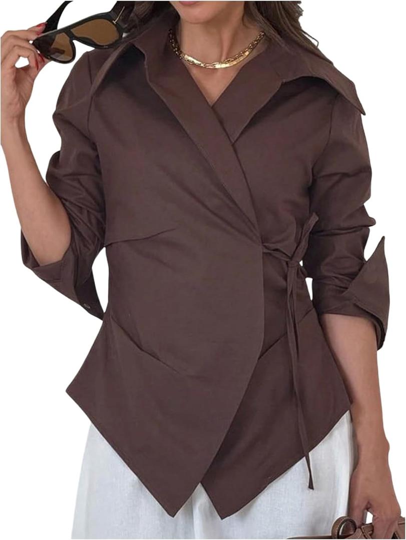 GORGLITTER Women's Wrap Blouses Dressy Casual Tie Side Long Sleeve Shirts Asymmetrical Business Office Work Outfits, Brown, Large